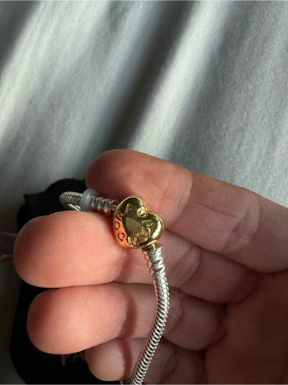 Pandora Two-Tone Silver Snake Chain Bracelet with Gold Heart Clasp - Picture 6 of 8